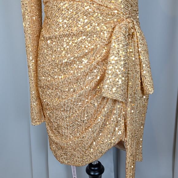 IEENA for Mac Duggal Gold Sequin One Shoulder Ruched Mini Dress Size 8 - Picture 14 of 16